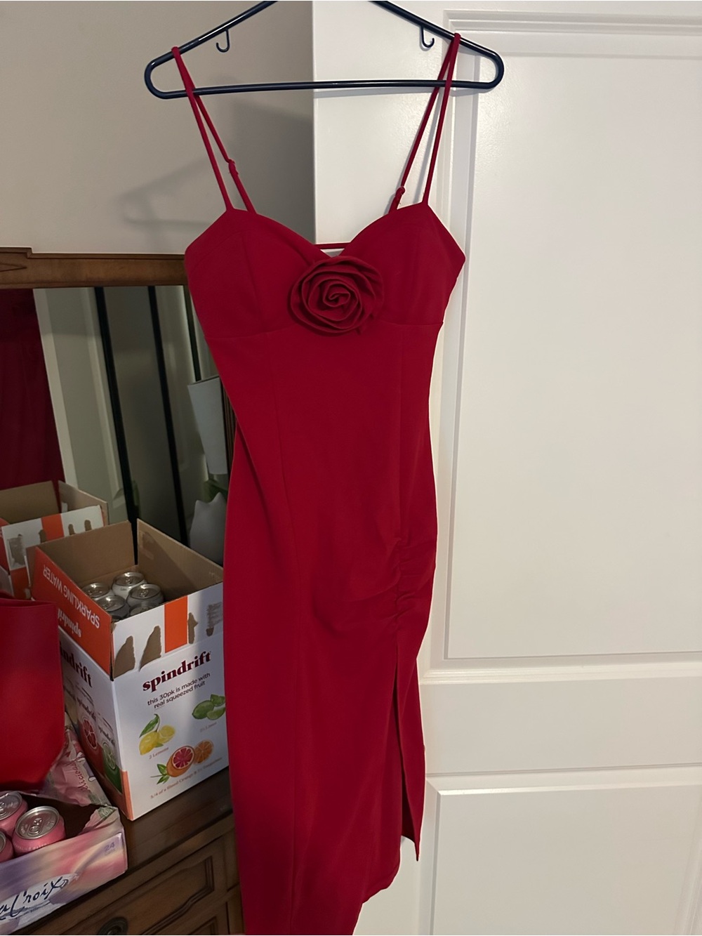 Emerald Sundae Red Spaghetti-Strap Midi Dress with Rosette